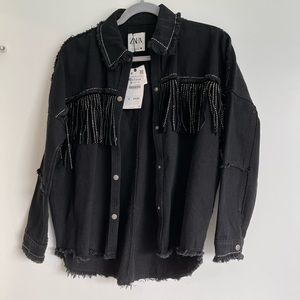 NWT - Black studded fringe Zara denim jacket